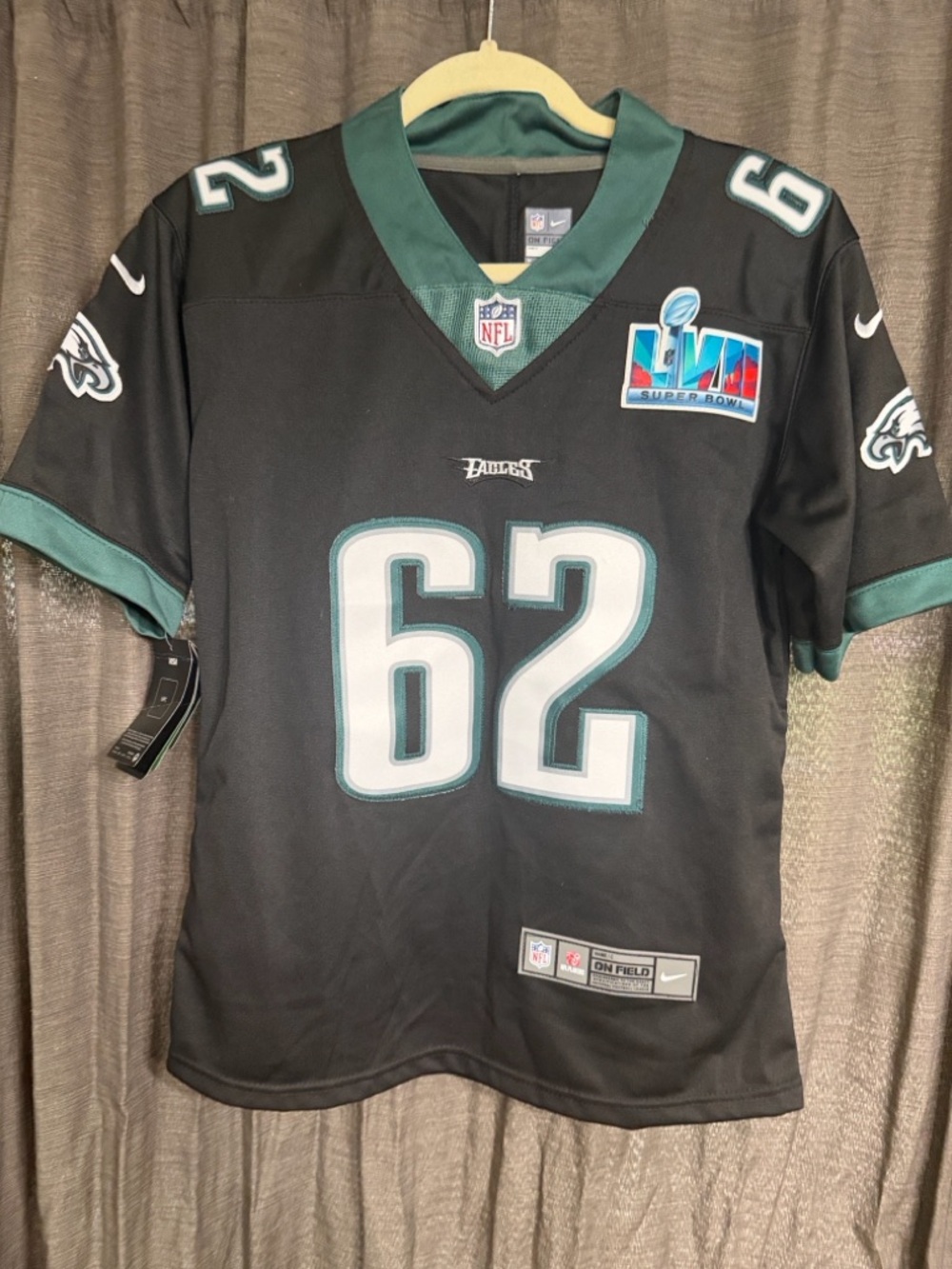 Nike Eagles Black & Midnight Green #62 Jersey Jason Kelce SUPER BOWL patch